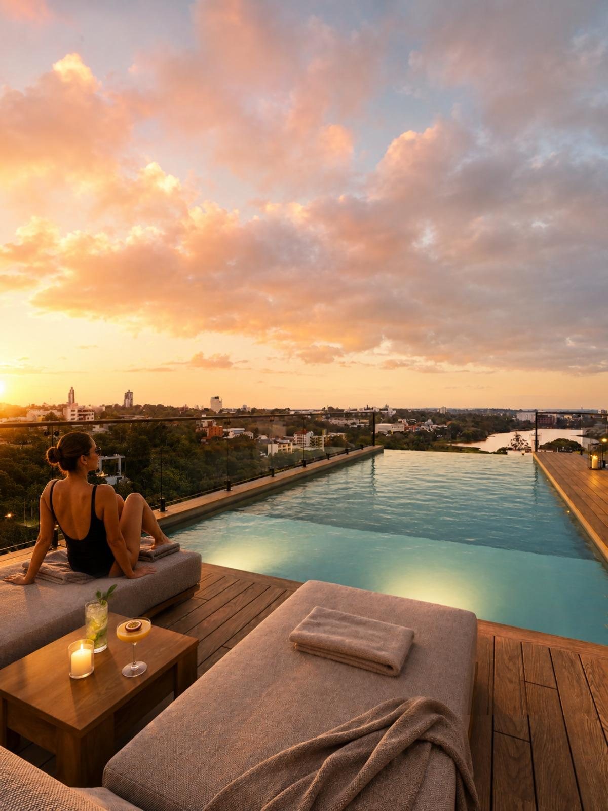 Piscina no rooftop ao pôr do sol