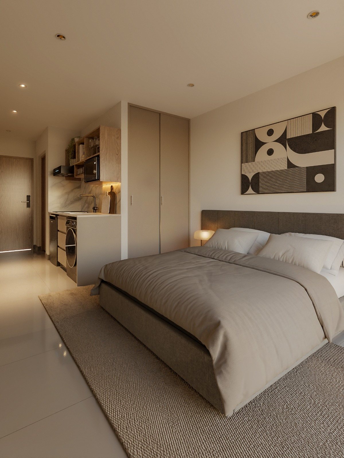 Studio com cama de casal e guarda-roupa