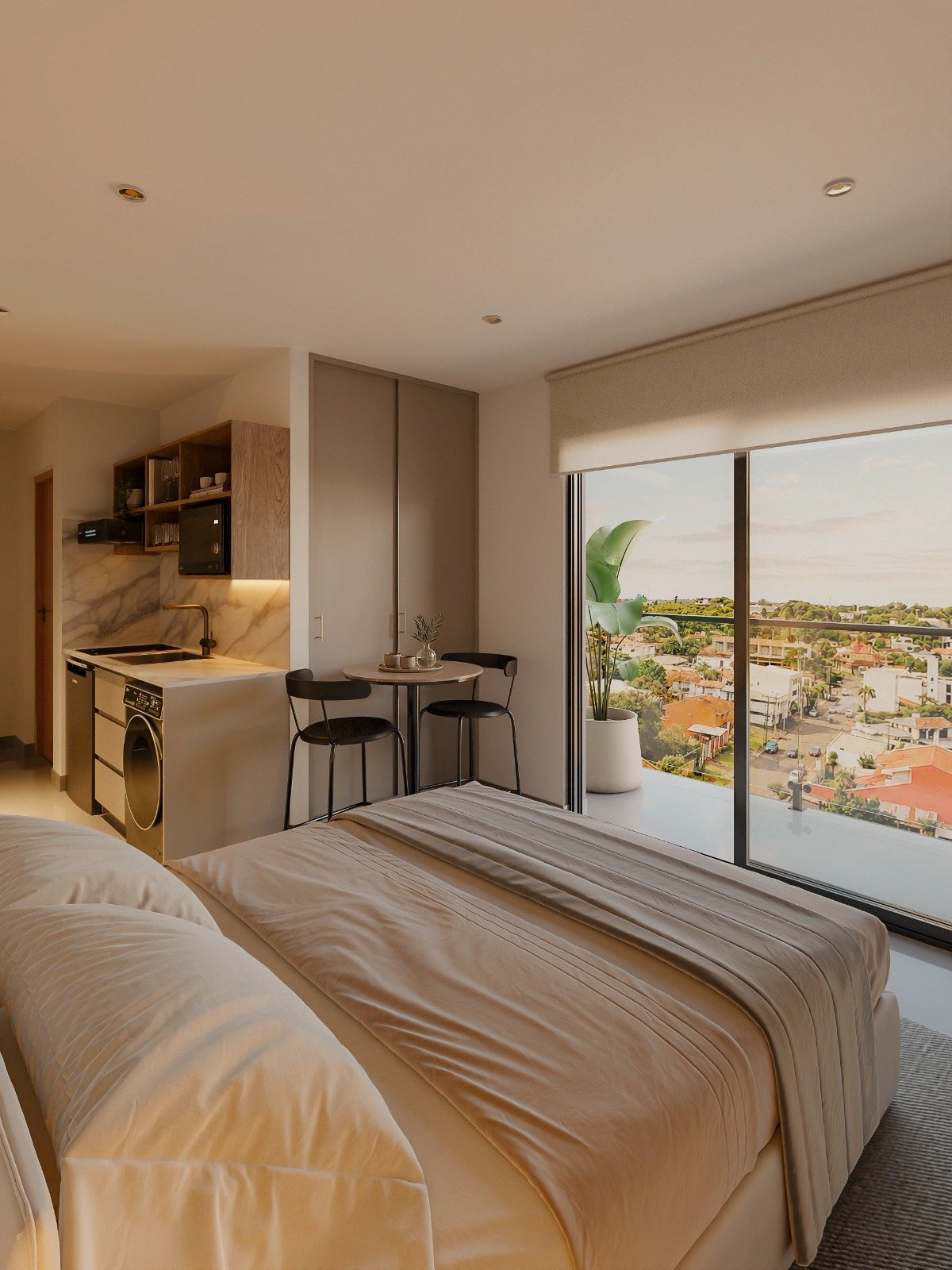 Studio com varanda e vista para a cidade